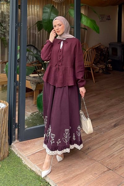 V Yaka Kolları Lastikli Müslim Tesettür Gömlek Mürdüm