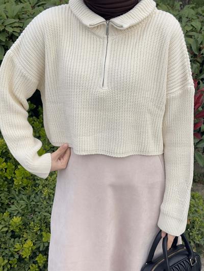 Yaka Fermuarlı Crop Triko Kazak Ekru