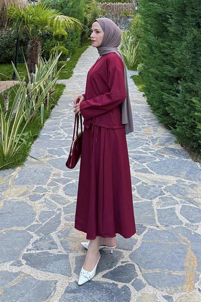 Bağlama Detaylı Etekli Takım Bordo
