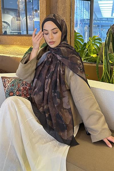 Batik Çiçek Desen Bambu Şal Siyah Kahverengi