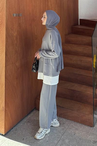 Fermuarlı Garnili Takım Gri