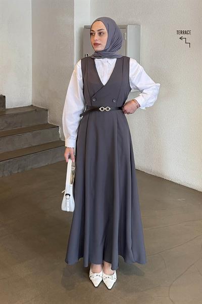 Düğme Detaylı Kolsuz Tesettür Elbise Antrasit