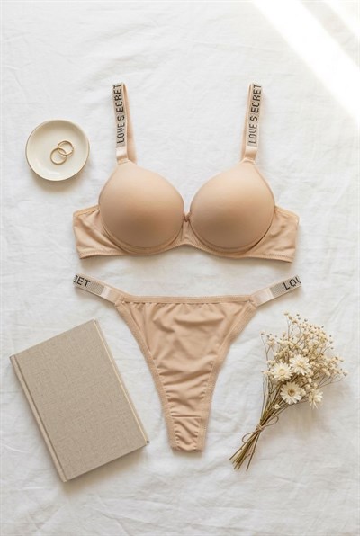 Mikro Kumaş Düz RenkTaşlı Destekli Sütyen Takımı Ten Rengi