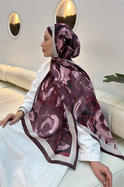 Çiçek Desen Pamuk Şal Bordo Vizon