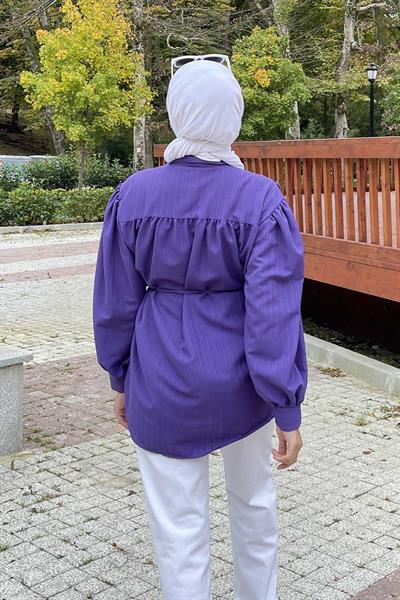 Gizli Düğme Kapama Tunik Gömlek Mor