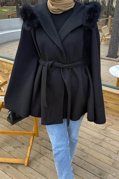 Kapüşonlu Panço Siyah