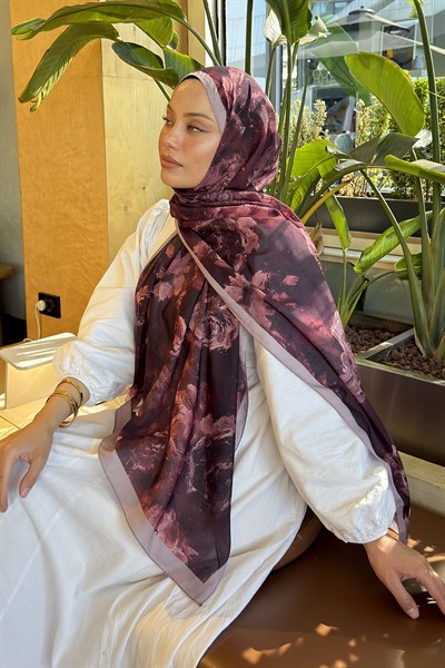 Gül Çiçek Desen Lara Soft Şal Koyu Bordo