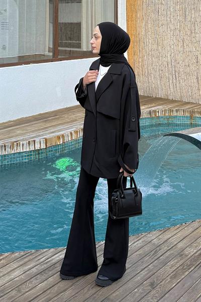 Omuz Apoletli Kısa Trençkot Siyah