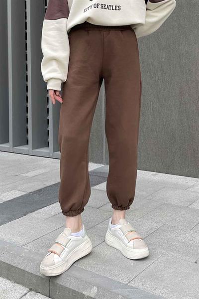 Paça Lastikli Üç İplik Alt Eşofman Acı Kahverengi