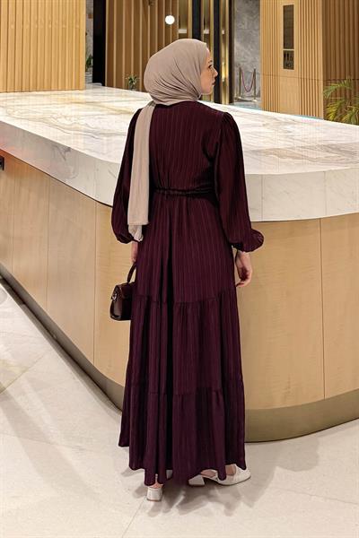 Biritli Tesettür Elbise Mürdüm