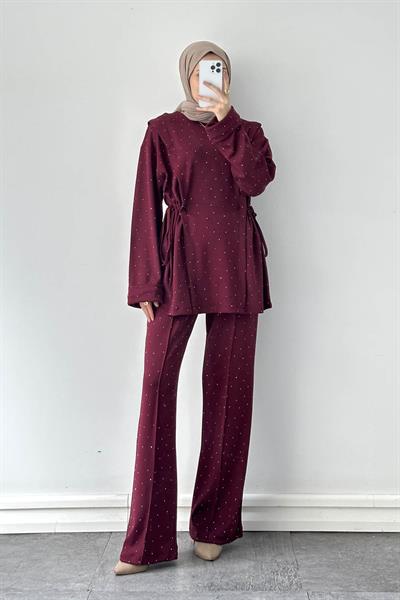 Tünel Detaylı Taşlı Takım Bordo