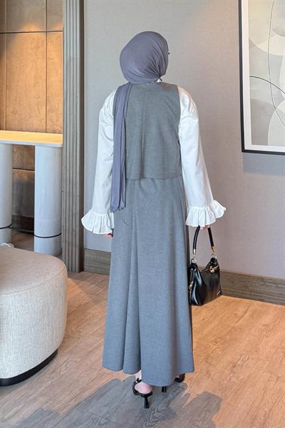 Düğmeli Yelekli Takım Gri