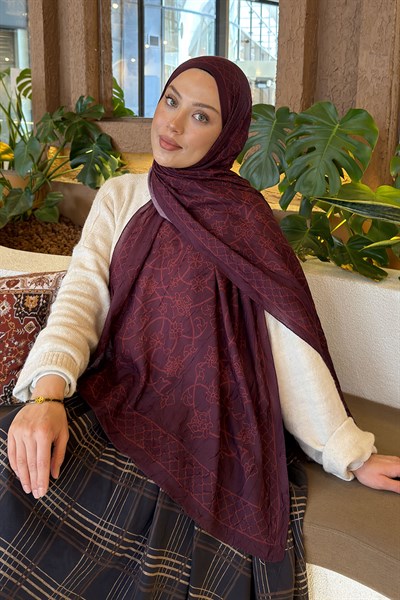 Geometrik Desen Bambu Şal Koyu Bordo