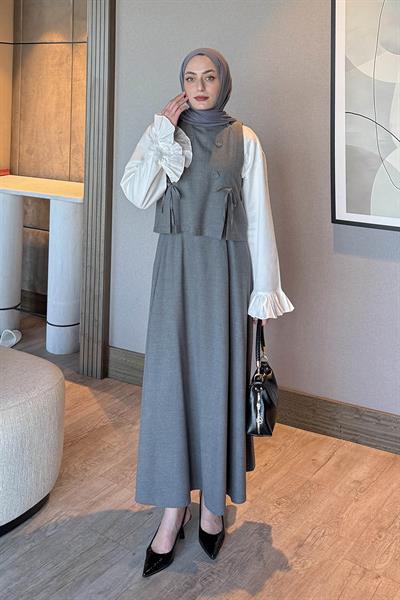 Düğmeli Yelekli Takım Gri