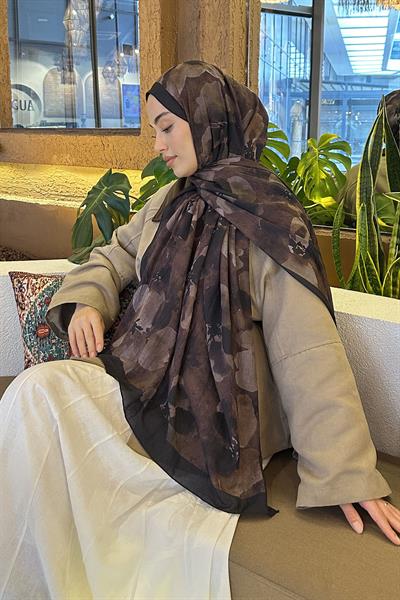 Batik Çiçek Desen Bambu Şal Siyah Kahverengi