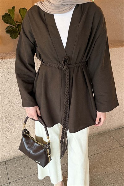 Örgü Bağlamalı Kimono Ceket Kahverengi