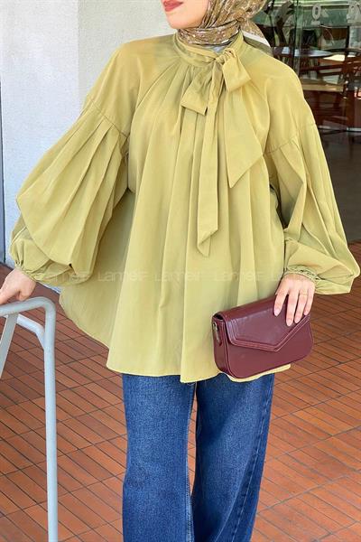 Yaka Fular Detaylı Gömlek Yağ Yeşili