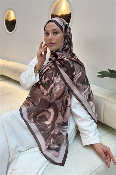 Çiçek Desen Pamuk Şal Kahverengi