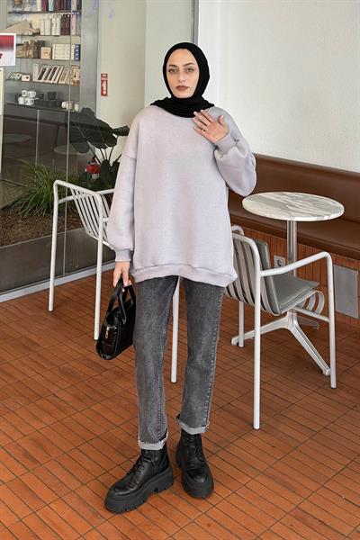 Jasmin Bisiklet Yaka Oversize Sweat Açık Gri