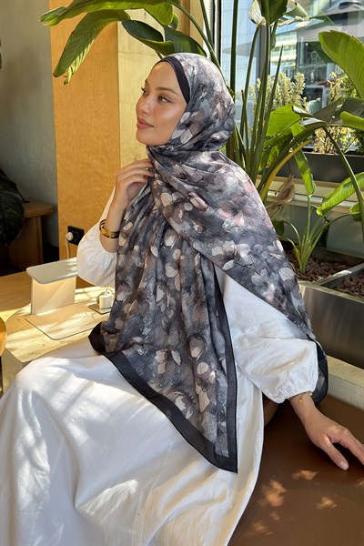 Çiçek Desen Lara Soft Şal Antrasit