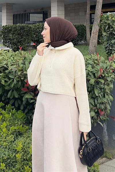 Yaka Fermuarlı Crop Triko Kazak Ekru