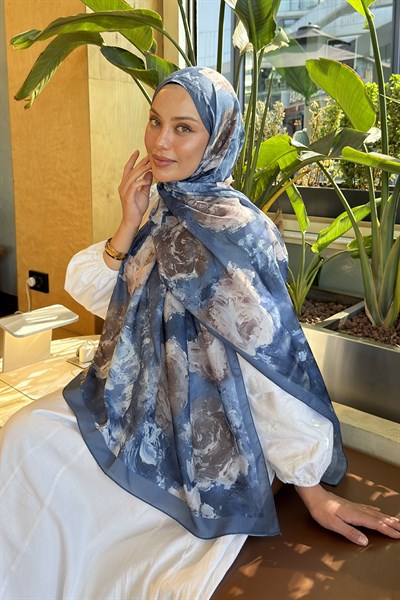Gül Çiçek Desen Lara Soft Şal Kot Mavisi