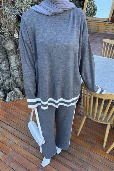 Çizgili Pantolon Triko Tesettür Takım Antrasit