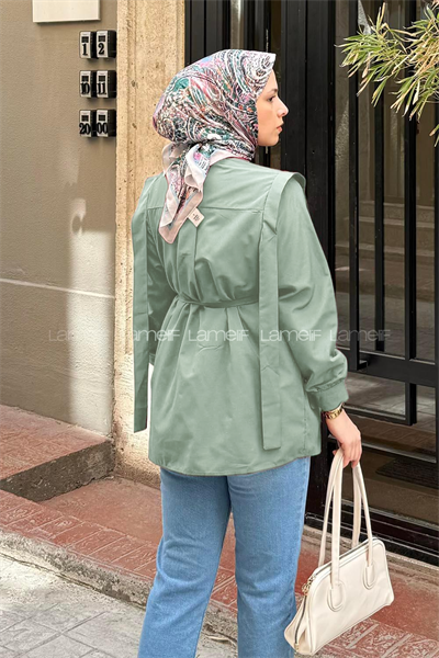 Bel Bağlamalı Omuz Vatkalı Gömlek Mint Yeşili