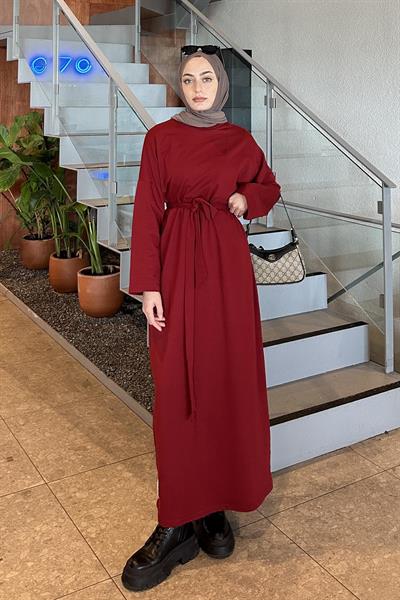 Etek Ucu Armalı Kuşaklı Elbise Kırmızı