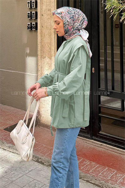 Bel Bağlamalı Omuz Vatkalı Gömlek Mint Yeşili
