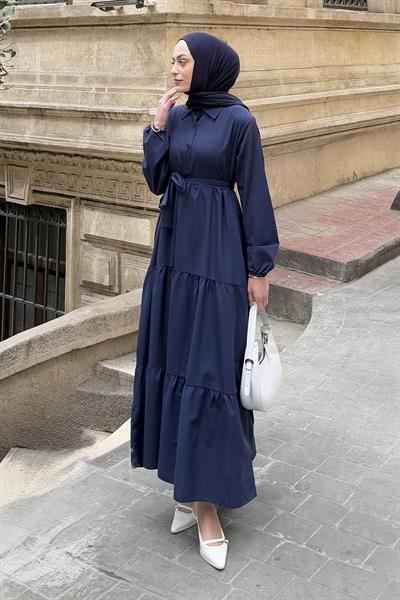 Yarım Düğme Detaylı Terikoton Elbise Lacivert