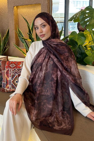 Gül Çiçek Desen Ferah Şal Çikolata Kahve