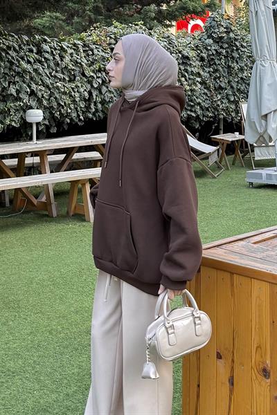 Üç İplik Kanguru Cep Sweatshirt Acı Kahverengi