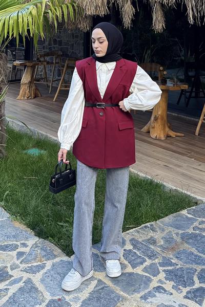Cep Detaylı Yelek Bordo