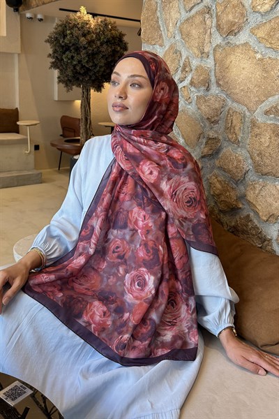 Botanik Çiçek Desen Lara Soft Şal Koyu Bordo