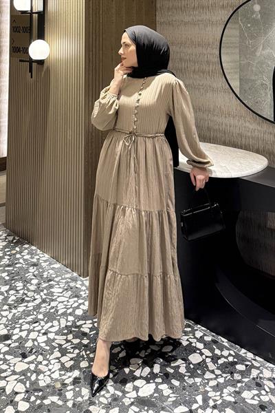 Biritli Tesettür Elbise Bej