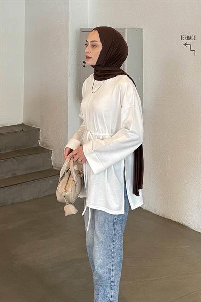 Yırtmaç Detaylı Sweat Beyaz