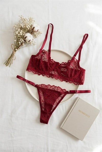 Dantelli Bralet  Sütyen Takım Bordo