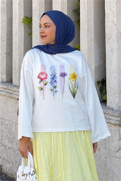 Basic Oversize Çiçek Baskılı Bluz Beyaz