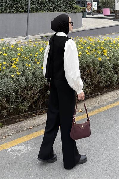 V Yaka Yelekl Takım Siyah