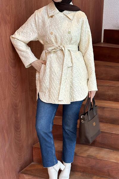 Kapitone Ceket Çıtçıt Kapamalı Krem