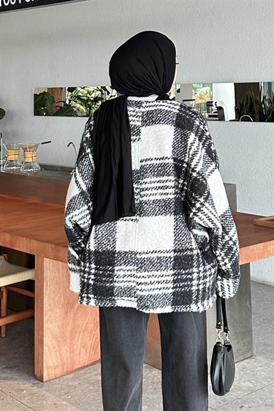 Bağlamalı Kaşe Ekose Kimono Beyaz