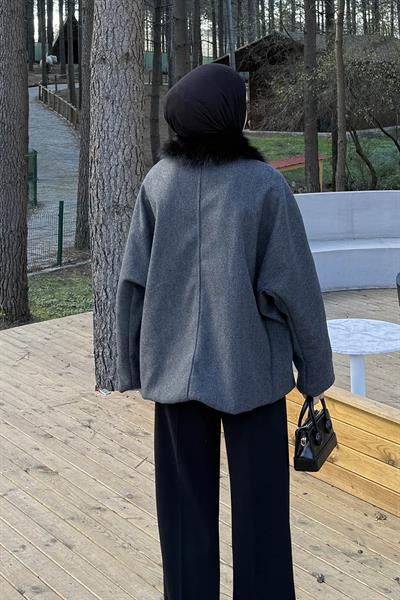 Kürk Yakalı Kaban Antrasit