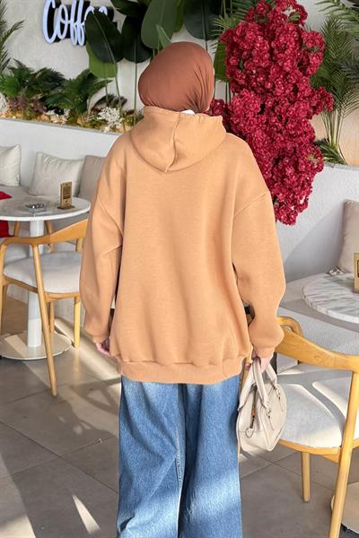 Üç İplik Kanguru Cep Sweatshirt Camel