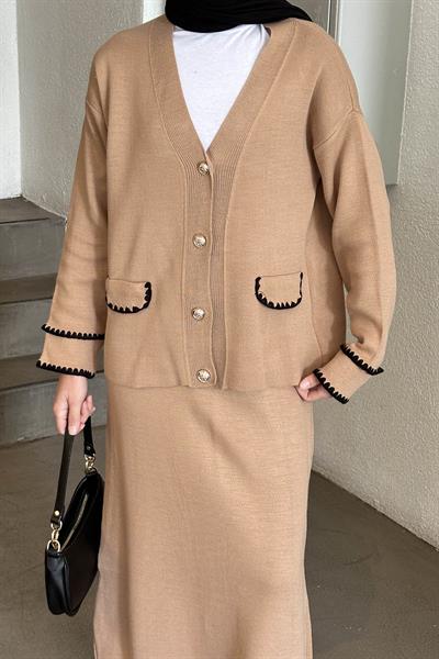 Etek-Hırka Tesettürlü Triko Takım Sütlü Kahve