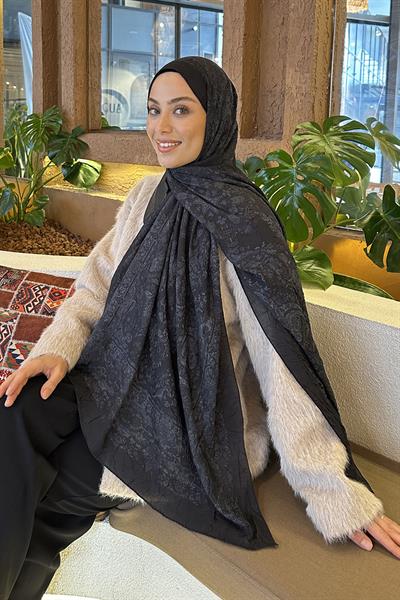 Retro Desen Bambu Şal Siyah Gri