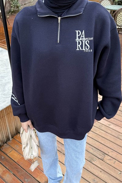 Fermuar Yakalı Paris Nakışlı Sweatshirt Lacivert