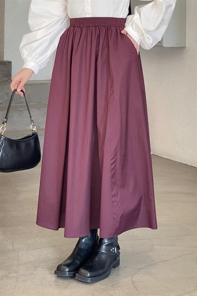 Cep Detaylı Kloş Keten Etek Mürdüm