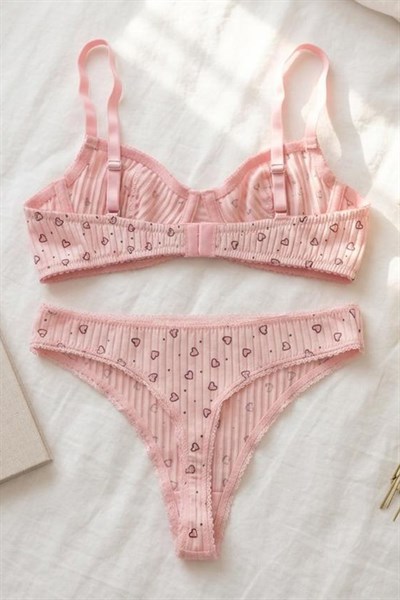 Pamuklu Balenli Pembe Kalpli Sütyen Takım Pembe