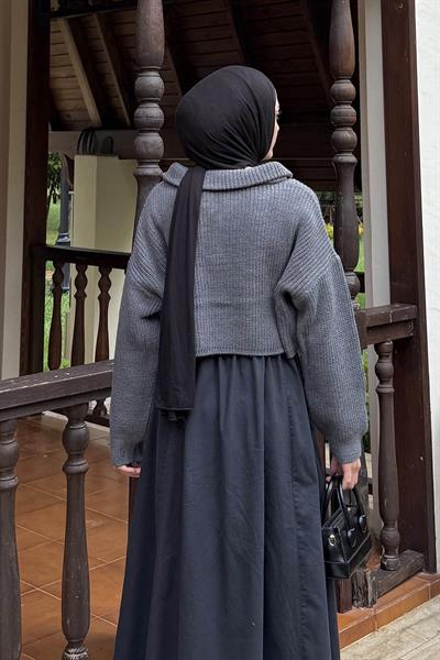 Yaka Fermuarlı Crop Triko Kazak Antrasit